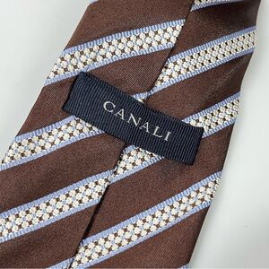 CANALI Chocolate Brown Sky Blue Striped Plush Silk Tie Italy